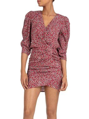 Ba & Sh Crystal Puff-sleeve Ruched Dress In Carmin